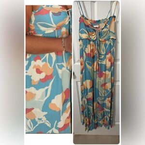 Floral Maxi Dress in Aqua with Multicolor Blooms